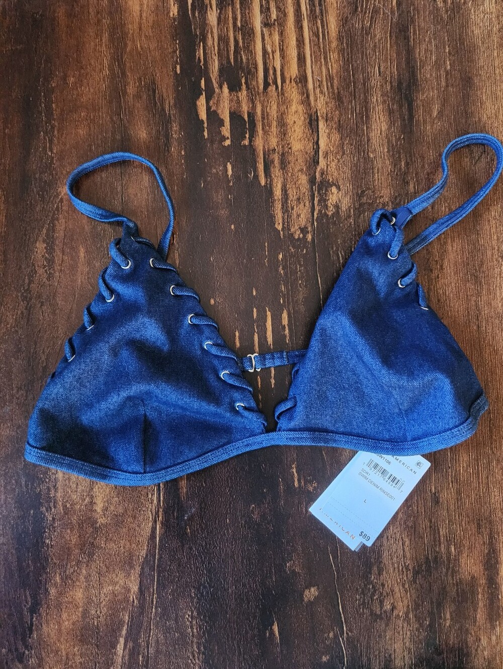 Good American Swim Denim Lace Up Bikini Top Blue L NWT
